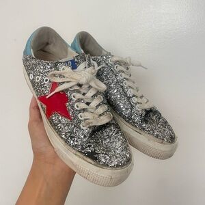 Golden goose may sneaker in silver glitter red star